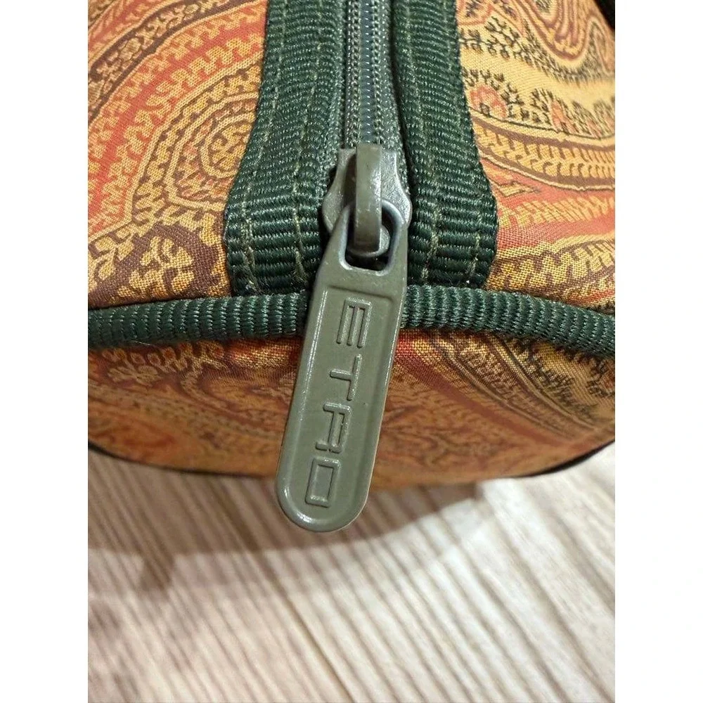 Etro Milano Vintage Paisley Barrel Bag Mini Duffle Brown Green Coated Canvas